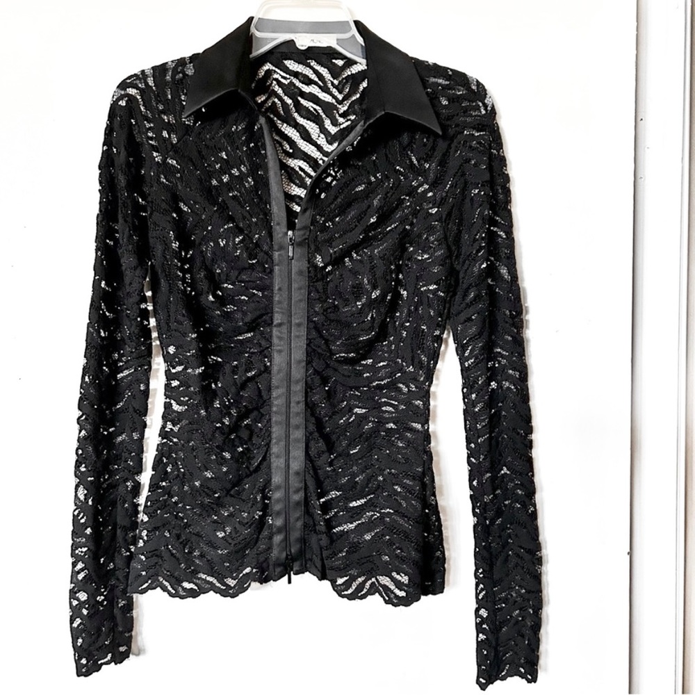Stunning NWOT Cache Black Stretch Lace Sheer Zip Front Blouse, Size S/M